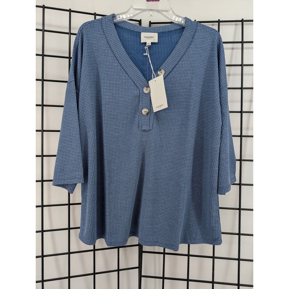 Andree by Unit Waffle Knit Henley Top Women Large Navy NWT 3/4 Sleeve MHS62